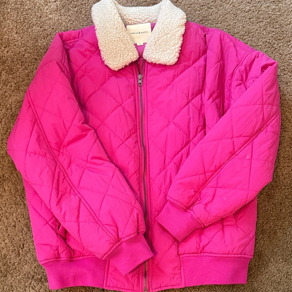 Thread & Supply Hot Pink Quilted Puffer Jacket with Sherpa Collar
